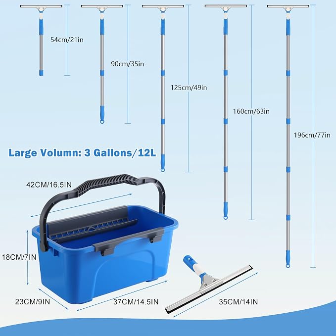 Window Cleaning Kit 77'' Long Handle with Bucket for Home Outdoor | Professional Window Washing Equipment, 77'' Long Handle, 14'' Silicone Squeegee, Microfiber Scrubber, Cloth, Commercial Use