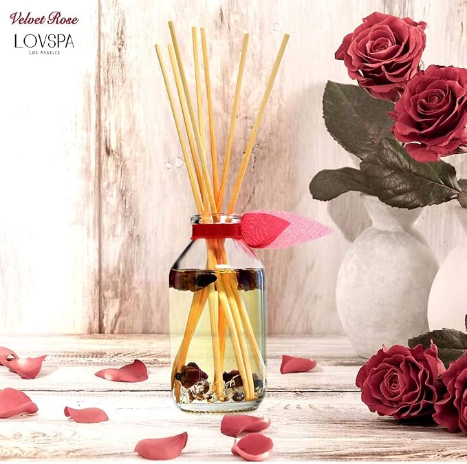 Reed Diffuser Set - Velvet Rose Scented Diffuser with Sticks | Home Fragrance Reed Diffuser for Bedroom, Bathroom Shelf Décor, with Real Florals in the Bottle - Made in the USA