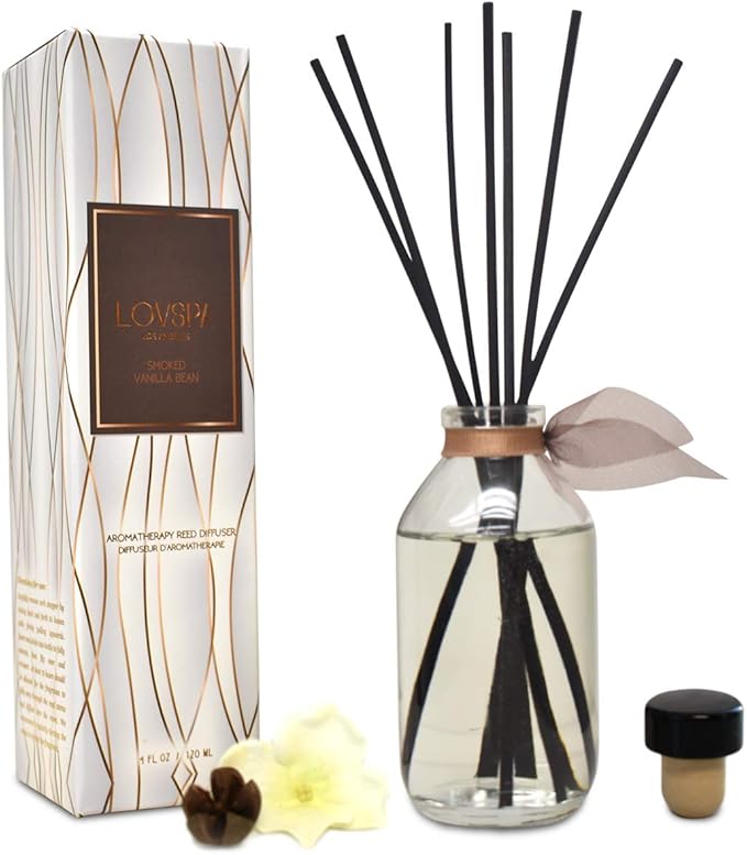 Reed Diffuser Set - Smoked Vanilla Scented Diffuser with Sticks | Home Fragrance Reed Diffuser for Bedroom, Bathroom Shelf Décor - Made in the USA