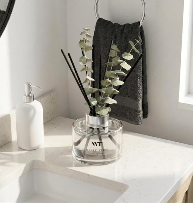 Flower Reed Diffuser Set Wild Eucalyptus Mint Scent for Bathroom Accessories Shelf Decor & Air Fresheners, Sticks Defusers with 5.1 fl oz Essential Oils & Leaves, House Bedroom Office Decor & Gifts