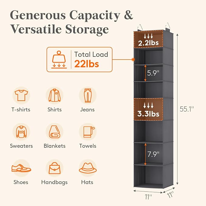 Lifewit 8 Tier Hanging Portable Closet Storage Organizer for Shelves, Black | Foldable Clothes Shelf with 2 Sturdy Hooks, Sweater/Coat/Shoes Clothing Organization for Wardrobe, Dorm, Bedroom