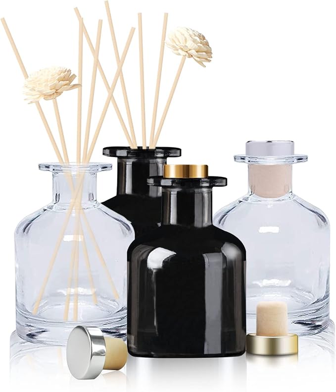 HOSSIAN 150ml/50oz 2 Clear Glass Bottles 2 Glossy Black Bottles Fragrance Diffuser Empty Bottle with 28pcs Reed Sticks for Home Fragrance Accessories (Clear+Black)