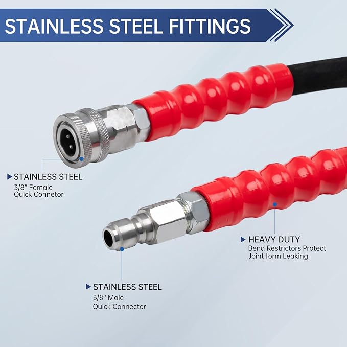 3/8'' Pressure Washer Hose 100FT, Kink Resistant High Tensile Wire Braided Power Washer Hose for Hot and Cold Water with 2 Pcs M22-14mm 3/8" Quick Connect Kit, 5200PSI Commercial Industrial Grade