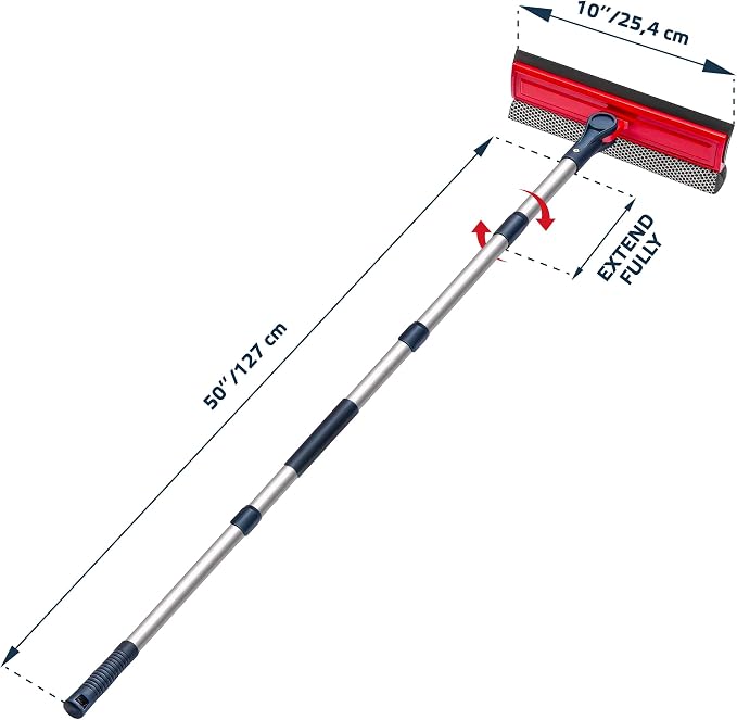 Professional Window Squeegee | 2-in-1 Window Cleaner Sponge and 10" Soft Rubber Strip with Extension Pole 50 Inch & 127 cm | Adjustable to Clean from Multiple Angles