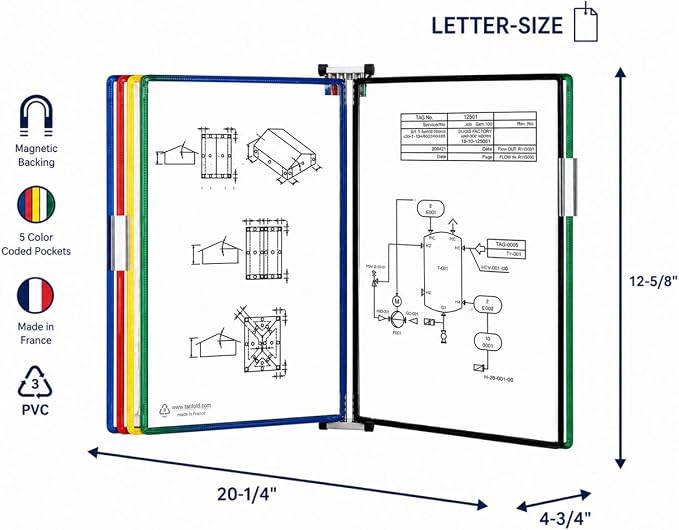 Tarifold Magnetic Wall Mount Reference System, 5 Pockets, Assorted | 5 double-sided PVC pockets hold 10 letter-size sheets, magnetic mounting plate, snap-on index tabs, easy to install