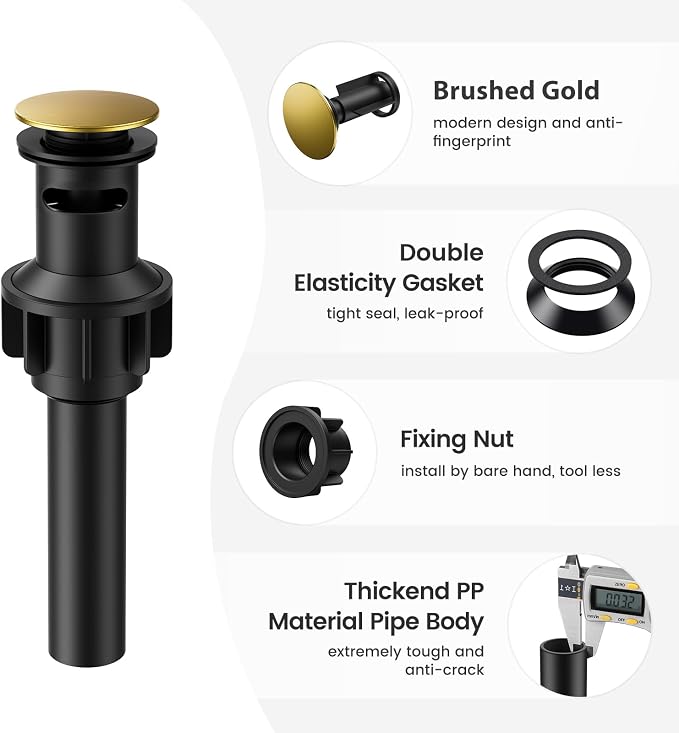 Bathroom Sink Drain with Overflow, Hurran Bathroom Sink Stopper for Bathroom Vanity Vessel Sink, Rapid Draining Plastic Pop-up Sink Drain with Hair Catcher Anti-Clog Strainer, Brushed Gold