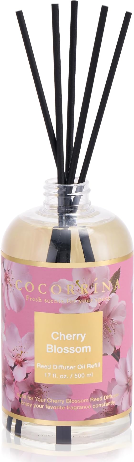 Reed Diffuser Refill Cherry Blossom 17oz (500ml) with 8 Sticks - Premium Long-Lasting Scented Oil, Home Fragrance for Bedroom, Bathroom Home Decor