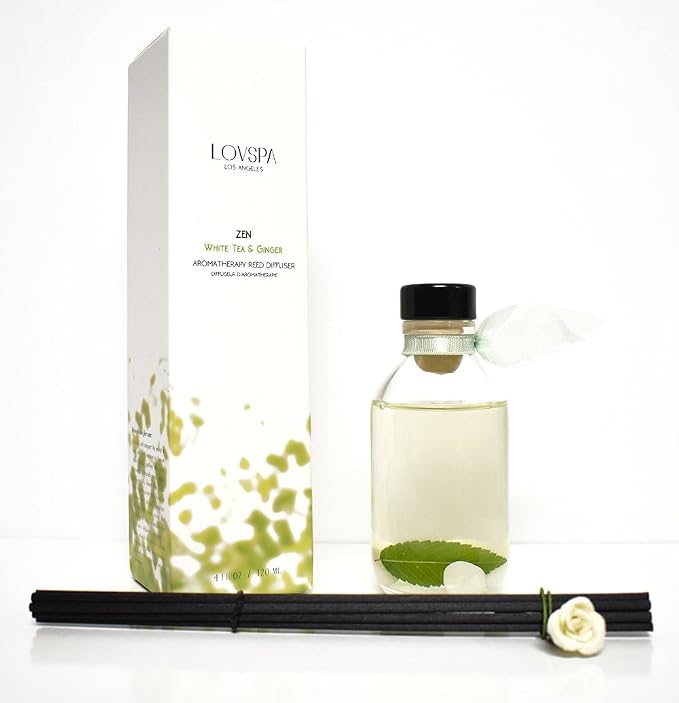Reed Diffuser Set - Zen White Tea & Ginger Scented Diffuser with Sticks | Home Fragrance Reed Diffuser for Bedroom, Bathroom Shelf Décor, Real Botanicals in the Bottle - Made in the USA