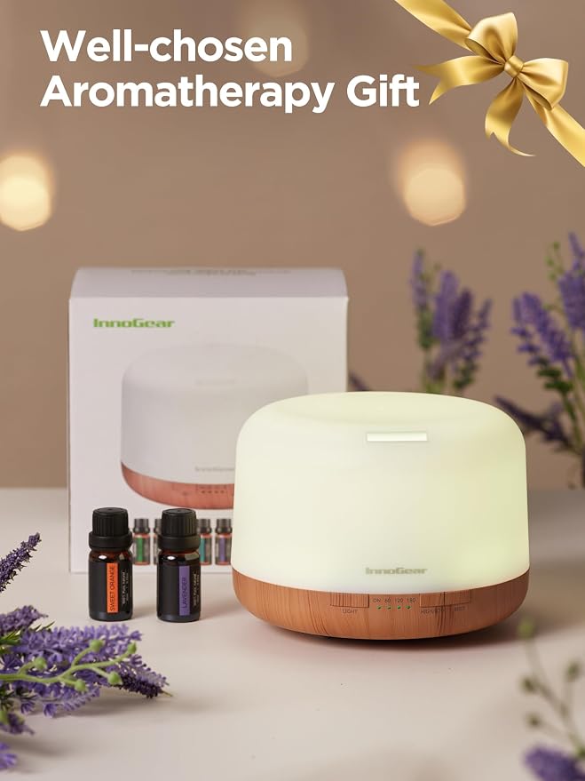 InnoGear 500ml Aromatherapy Diffuser for Home 10 Essential Oil Set, Yellow | Gift Set, Remote Control, Automatic Shut-Off, 4 Timers, Quiet, Run up to 18hrs, Cool Mist Humidifier, Large Room, Easy to Use