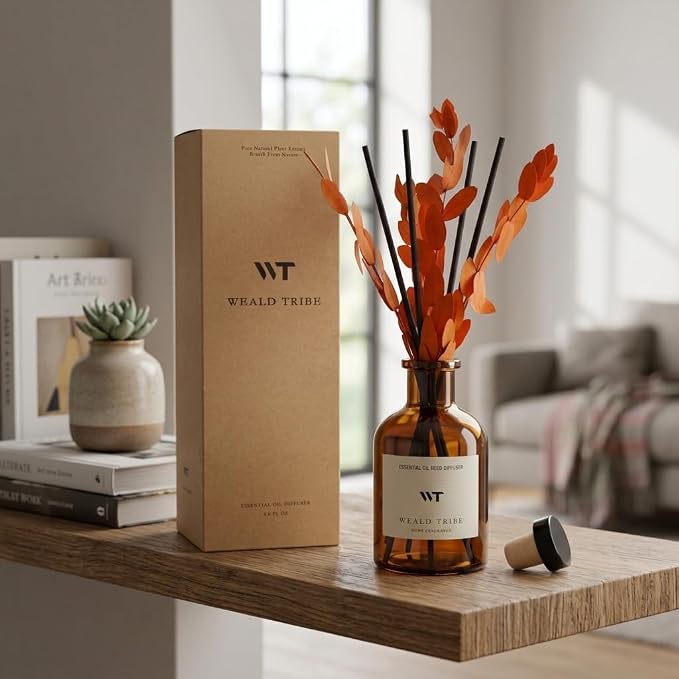 Reed Diffuser Set for Bathroom Air Fresheners, Oil Diffuser Sticks | Sandalwood & Ebony Scent 4.0 fl oz Home Fragrance with Sticks Defusers | House Bedroom Office Shelf Decor