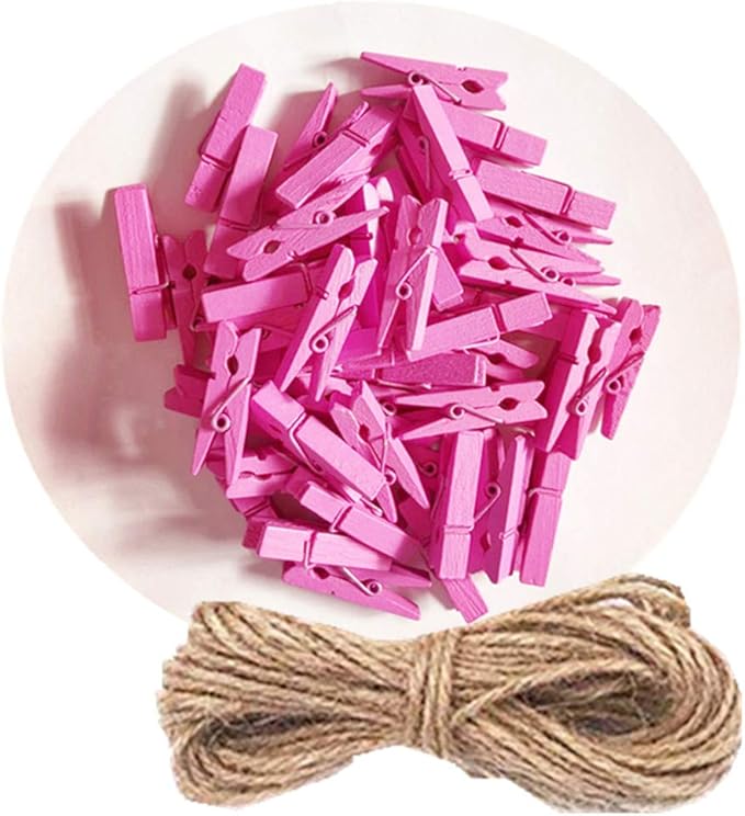 DurReus Small Wooden Clips Pictures Hanger with Twine Mini Colors Clothespins Attach Cards Wedding Party Decor Set of 50 Rose Red