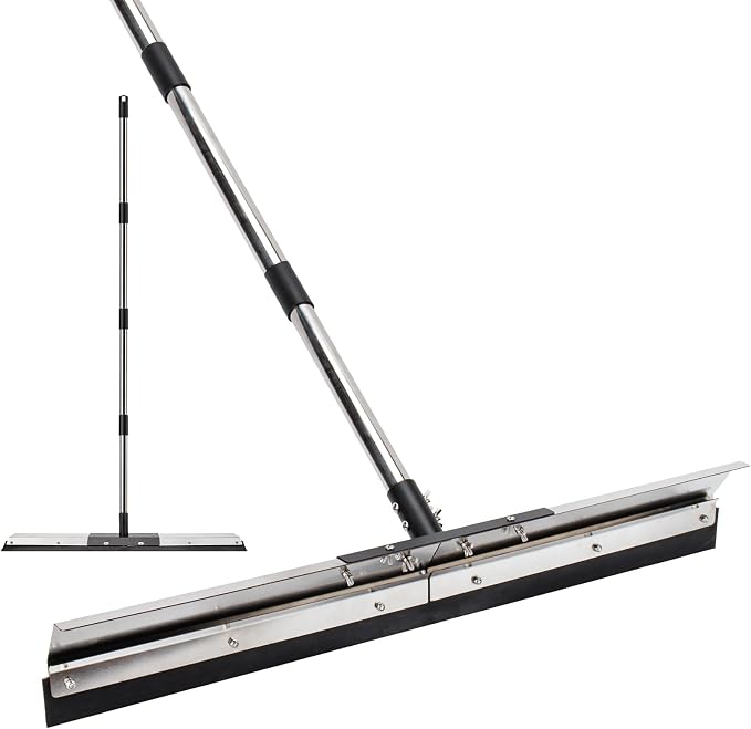Floor Squeegee for Concrete Water Removal, 31'' Large Heavy Duty Water Pusher with Splash Guard for Garage, Deck, Driveway, Pool, Patio, Tile, 55.5’’ Long Handle Commercial Outdoor Rubber Squeegees