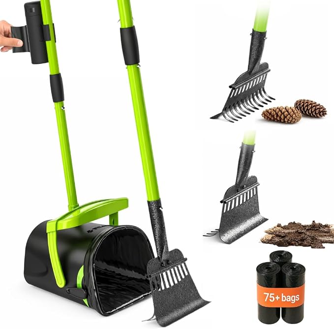 Pupzle Dry & Wet Dog Pooper Scooper with 40" Long Handle for Large Dogs | Dog Poop Shovel and Rake , Large Capacity Swivel Bin, Bag Attachment, 75 Bags, Poop Scoop for Yard, Patent Pending