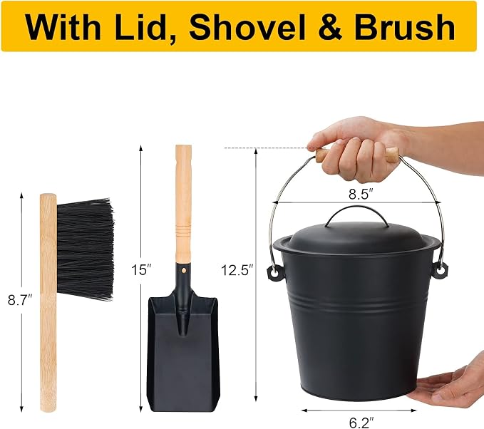 Mini Ash Bucket with Lid, Fireplace Ash Bucket - Black | 1.5-Gallon Ash Bucket With Lid and Shovel and Hand Broom, Metal Ash Bucket for Fireplace, Fire Pit, Wood Stove