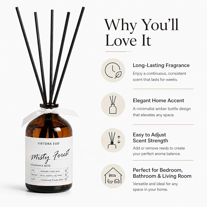 Misty Forest Reed Diffuser, 3.4 Fl Oz | Woody Forest Scent; Last for 12 Weeks for Bedroom, Bathroom, Living Room or Office; Gift-ready.