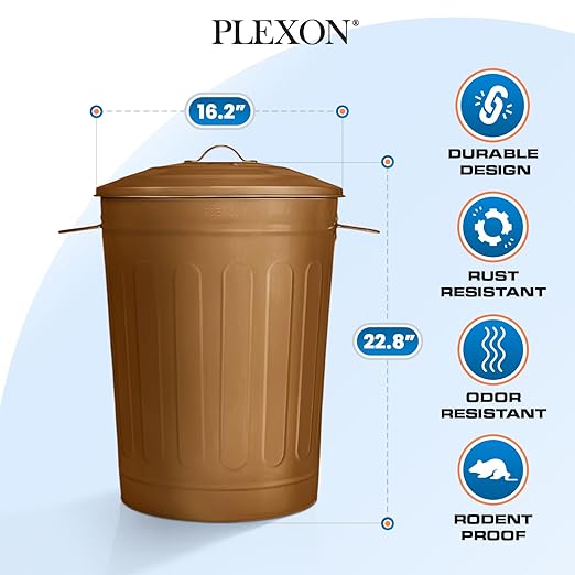 Plexon Round Trash Can 13 Gallon, Vintage Metal Outdoor Trash Can with Lid, Retro Farmhouse Garbage Container, Old School Modern Ash Bucket, Copper 6 Pack