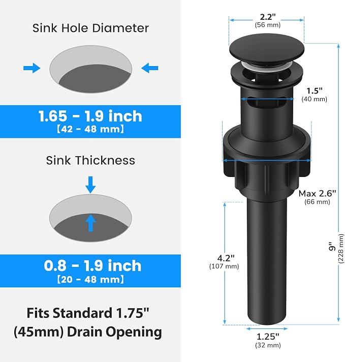 Bathroom Sink Drain with Overflow with Hair Catcher Anti-Clog Sink Strainer | Hurran Matte Black Bathroom Sink Stopper for 1.65"-1.9" Hole, Plastic Pop-up Drain for Bathroom Vanity Vessel Sink, 2 Pack
