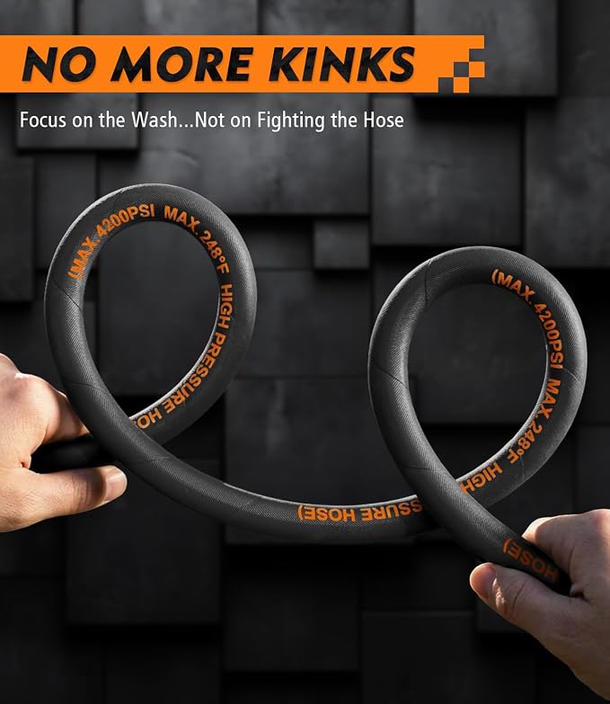 Pressure Washer Hose 50 ft, 4200 PSI Steel-Braided & Durable - Flexible & Kink-Resistant, Power Washer Hose with M22-14mm Stainless Steel Swivel Plug, Hot/Cold Water Compatible - Black
