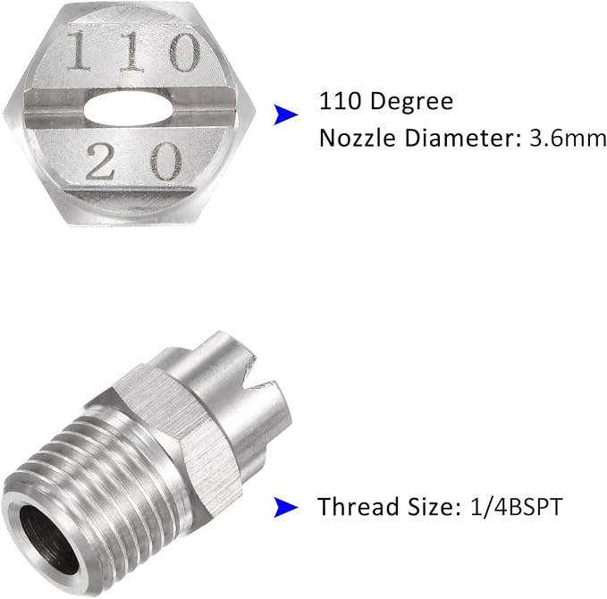 M METERXITY 5-Pack Flat Fan Spray Tip, 110 Degree 1/4BSPT Male Stainless Steel Pressure Washer Nozzles Cleaner Nozzle Replacement W Sealing Tape for Water Guns (3.6mm Orifice)