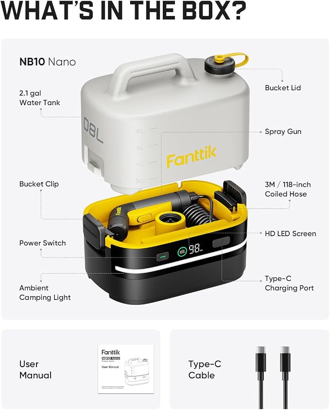 Fanttik NB10 Nano Portable Cordless Electric Sprayer w/2.1Gal Tank, HD LED Display, 4000mAh Lithium Battery & Built-in Camping Light, Light Cleaning Portable Washer for Pets, Filters & Camping