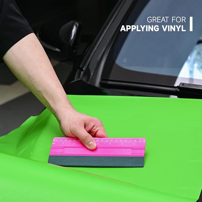 FOSHIO Professional Squeegee for Vinyl, Decals, Sticker Paper, Wallpaper, Window Film, Craft, Suede Felt Squeegee Smoothing Tool with Ruler, Pink (8 inches)