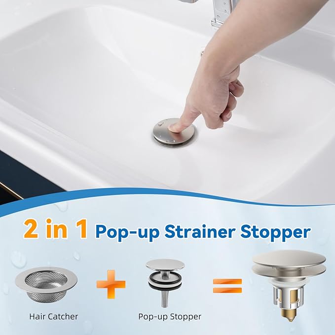 2 Pack Universal Metal Bathroom Sink Stopper, Hair Catcher, Brushed Nickel | Pop-Up Sink Drain Strainer with Detachable Filter, Drain Plug Fits 1.1"-2.36" US Basin, Large Cover Cap, Brass Bounce Core