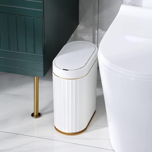 ELPHECO Bathroom Trash Can with Lid 2 Gallon Sensor Garbage Can, Automatic Trash Bin, Motion Sensor Trash Can, IPX5 Waterproof Plastic Wastebasket for Bathroom, Bedroom, Kitchen, Office, White Gold