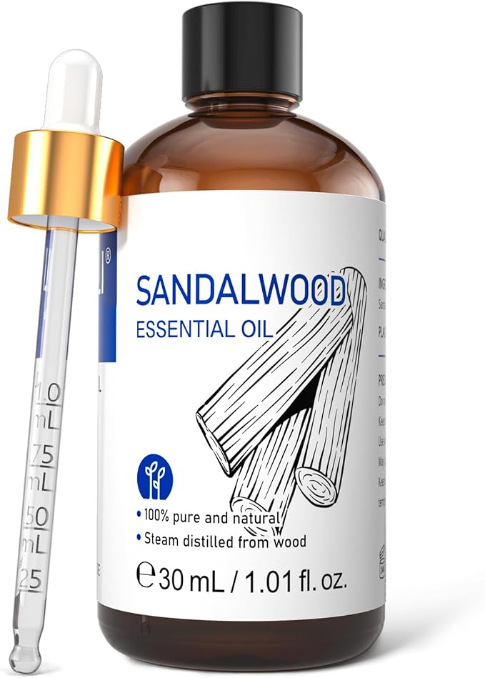 HIQILI Sandalwood Essential Oils for Skin, Diffuser & Candle Soap Making | Versatile for Perfume, Hair Care & Room, Moisturizes, Deodorizes Laundry - 30ml / 1.01 fl oz