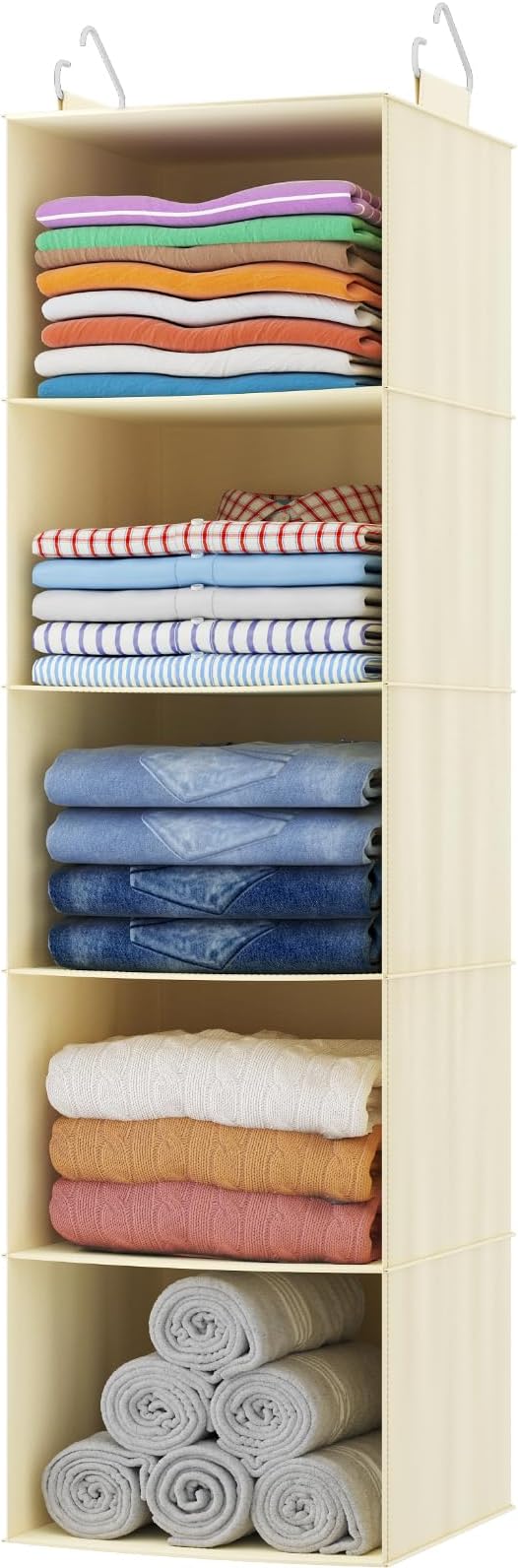 Lifewit 5 Tier Hanging Portable Closet Storage Organizer for Shelves, Beige | Foldable Clothes Shelf with 2 Sturdy Hooks, Sweater/Coat/Shoes Clothing Organization for Wardrobe, Dorm, Bedroom