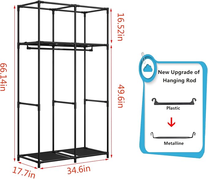 SORCEDAS Portable Closet Wardrobe with Hanging Rods Shelves Clothes Storage | 34 Inch Closet Organizers and Storage with Non-Fabric Cover,Freestanding Clothes Closet for Bedroom,dorm,Storage Rooms Grey
