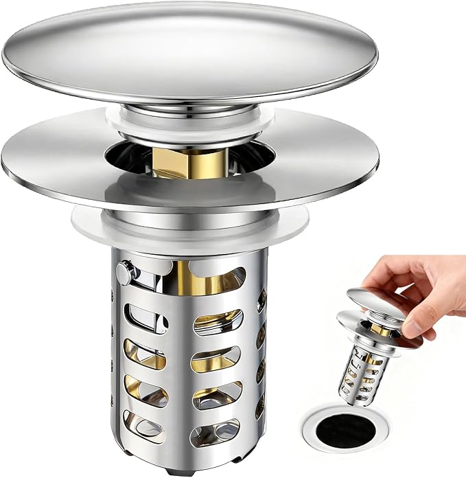 Bathroom Sink Pop-Up Stopper, Sink Drain Strainer Hair Catcher | Universal 1.1"-2.17" Drains, Brass Core & Stainless Steel Mesh, Hair Catcher 2 in 1 bathroom Sink Stopper Strainer