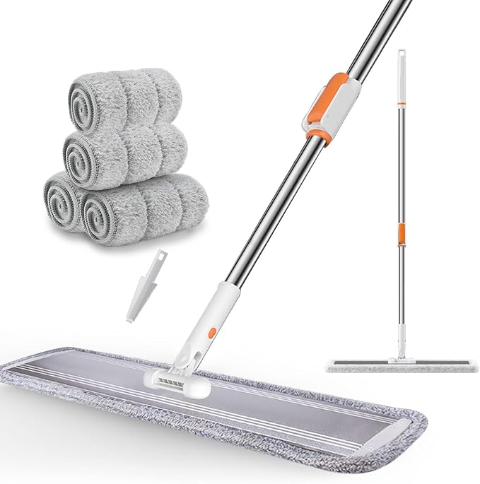 Flat Dust Mop 32 in Commercial Microfiber Mop Floors Heavy Duty | Large Mop with 4 Premium Microfiber Cloths Wet mop Washable Reusable Pads Adjustable Long Handle