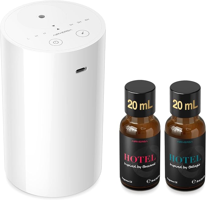 Airversa AN8 Waterless Essential Oil Diffuser Starter Kit, White | 2X20 mL BLG+BCR Hotel Scent Fragrance Oil, Up to 600 sq ft, Battery Operated, Portable for Home Car Office, AN8Kit-2x20-B