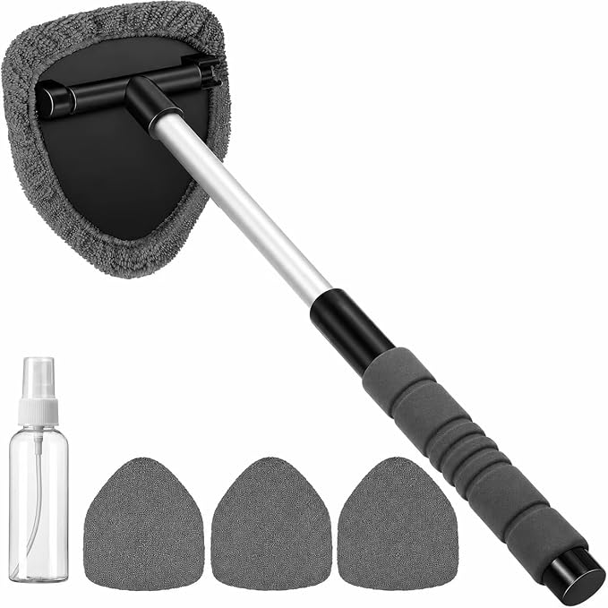Windshield Cleaning Tool with Extendable Handle, Car Interior Window Cleaner Kit with 4 Reusable Microfiber Pads, Inside Windshield Cleaner for Auto & Home Glass (New) (Gray)