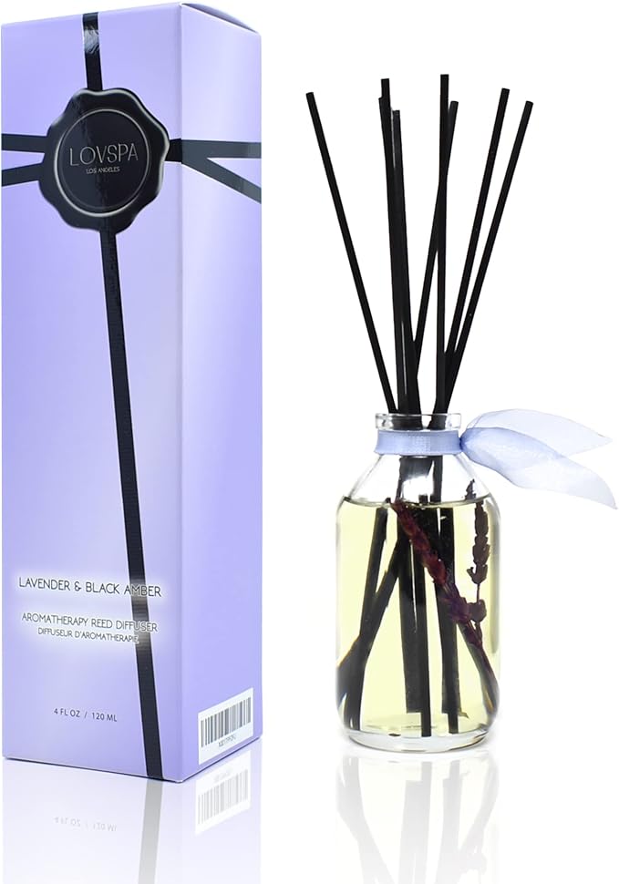 Reed Diffuser Set - Lavender & Black Amber Scented Diffuser with Sticks | Home Fragrance Reed Diffuser for Bedroom, Bathroom Shelf Décor, with Real Botanicals in the Bottle - Made in the USA