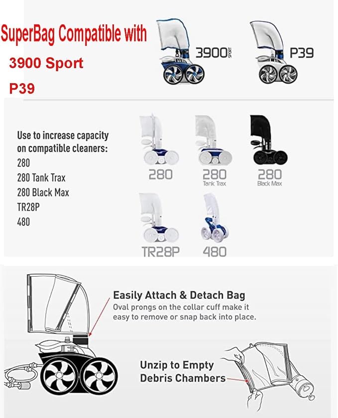 ATIE Innovative Design Pool Cleaner Double Chamber All Purpose SuperBag 39-310 with Hook and Loop Fastener Closure for 3900 Sport and P39 Pool Cleaners SuperBag 39-310