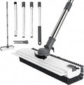 3 in 1 Floor Scrub Brush,Floor Scrubber with Squeegee and Tweezer, Push Broom with Long Handle,Heavy-Duty Stiff 90° Bristle Broom for Patio,Shower, Garage,Deck,Tile, Concrete & Wood Surface (White)