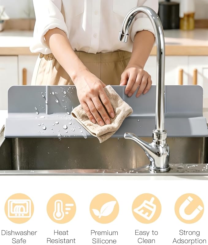 23 Inch Silicone Sink Splash Guard - Kitchen Sink Water Splash Guard with Strong Suction Cups, Removable Splash Guard for Sink, Washbasin & Bathtub - Gray