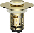 Hibbent Upgraded 3 in 1 Bathroom Sink Drain Strainer, Universal Pop Up Stopper with Removable Stainless Steel Filter Basket Hair Catcher, Sink Plug for 1.1''~2.36'' Basin, Brass Core, Brushed Gold