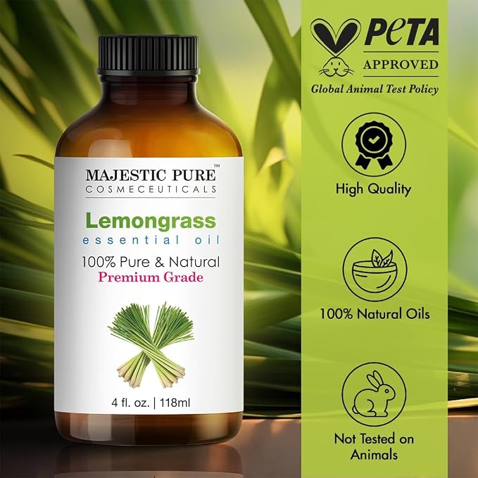 Majestic Pure Lemongrass Essential Oil for Diffuser - 4 Fl Oz | 100% Pure & Natural Essentials Oils for aromatherapy, massage blends and DIY home fragrance projects, Massage and room sprays