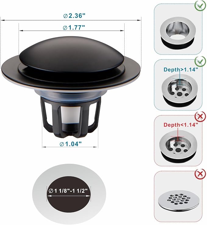 Bathroom Sink Drain Stopper,Welsan Universal Pop Up Drain Strainer with Hair Catcher for 1 1/8"-1 1/2" Drain Hole,Anti-Clogging Design Matte Black