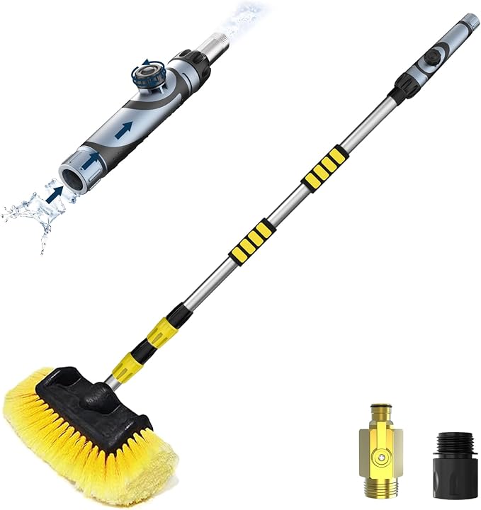 SISUPASSIE 12FT Car Wash Brush with Long Handle, Telescopic Car Wash Brush with Soap Dispenser, 12-Inch Soft Bristle Car Cleaning Brush for Cleaning Car, RV, Truck, Boat, Solar Panels, Yellow