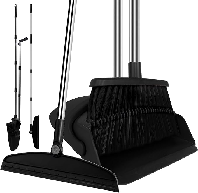 Broom and Dustpan Combo Set, 51" Long Handle with Squeegee | Black Complete Cleaning Kit, Floor Squeegee for Wet & Dry Messes, Built-in Comb Dustpan for Home & Pet Areas