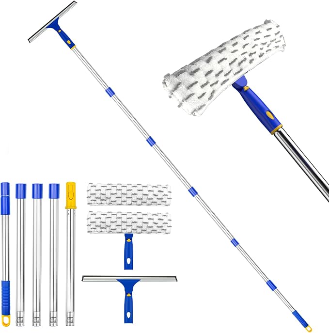 81" Window Squeegee Cleaner, Window Cleaning Tool Kit,12" Squeegee and 11" Microfiber Scrubber Combi with Stainless Steel Pole for Car,Sliding Door,Shower Glass Door-Swivel Style-2 Pads