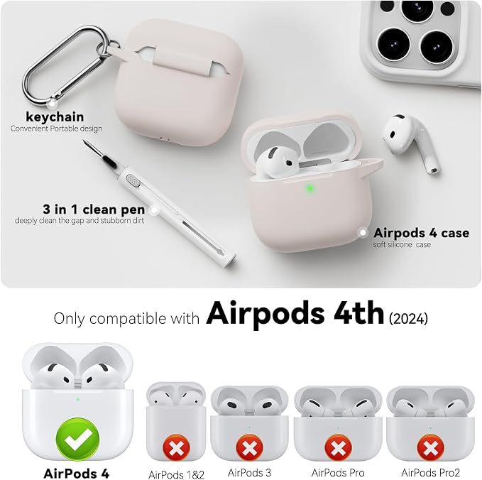 for AirPods 4 Case 2024 with Cleaner Kit & Keychain-Milk Tea | Silicone Protective Cover for Apple AirPods 4th Generation Case,for Women Men,One-Piece Design,Shockproof,Dust Proof
