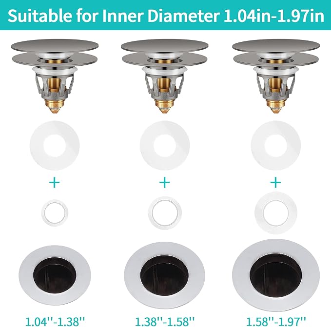 Universal Bathroom Sink Stopper with Hair Catcher, for 1.04-1.97 Inch Drain Hole, Spring Core Bathtub Drain Cover, Pop Up Sink Plug Basin Drain Strainer, Large Lid Gray