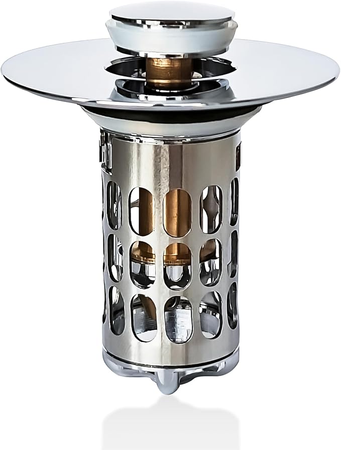 All Metal Pop-Up Stopper(1 Pack，Chrome) Bathroom Sink Drain Strainer Hair Catcher 304 Stainless Steel Filter Basket Brass Bullet Core for Washbasin with a Drainage Outlet of Size 1.1"-1.5"