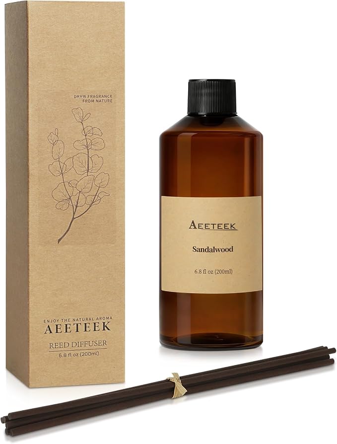 Sandalwood Reed Diffuser, Woody Essential Oil Refill | 6.8 Fl Oz (200ml) Scented Diffusers, Bathroom Air Freshener with Diffuser Sticks, Long-Lasting Fragrance for Home Decor