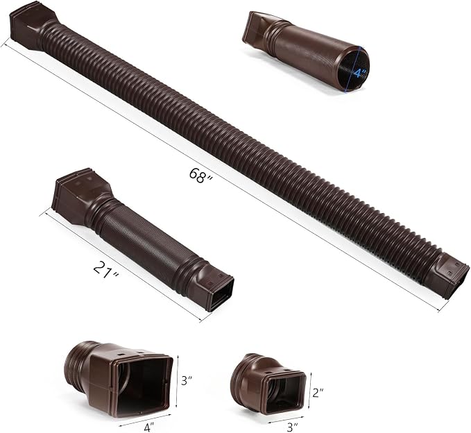 plusgutter Brown 2-Pack Rain Gutter Downspout Extensions Flexible, Drain Downspout Extender,Down Spout Drain Extender, Gutter Connector Rainwater Drainage,Extendable from 21 to 68 Inches