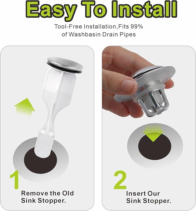 Pop Up Sink Drain Stopper Hair Catcher - Chrome 1 Pack | Polished chrome sink stopper, Fits 1-1/8 & 1-1/2 drains, Premium drain plug, Brass basket filter, Easy clean tool free.